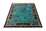 Qom pure silk hunting carpet hand-knotted in Iran, 80 Raj, turquoise field, by ParsaRugs