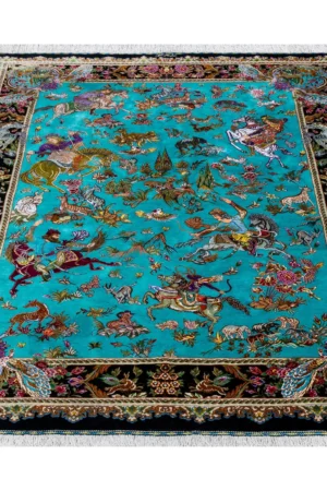 Qom pure silk hunting carpet hand-knotted in Iran, 80 Raj, turquoise field, by ParsaRugs