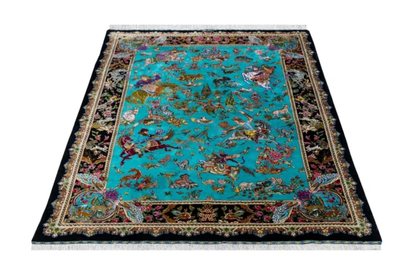 Qom pure silk hunting carpet hand-knotted in Iran, 80 Raj, turquoise field, by ParsaRugs