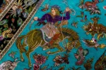 Qom pure silk hunting carpet hand-knotted in Iran, 80 Raj, turquoise field, by ParsaRugs