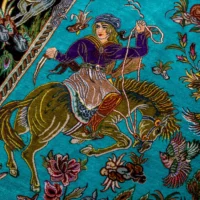 Qom pure silk hunting carpet hand-knotted in Iran, 80 Raj, turquoise field, by ParsaRugs