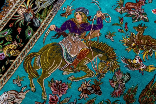 Qom pure silk hunting carpet hand-knotted in Iran, 80 Raj, turquoise field, by ParsaRugs