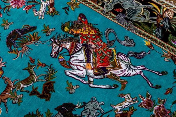 Qom pure silk hunting carpet hand-knotted in Iran, 80 Raj, turquoise field, by ParsaRugs