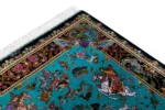 Qom pure silk hunting carpet hand-knotted in Iran, 80 Raj, turquoise field, by ParsaRugs