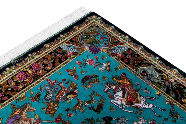 Qom pure silk hunting carpet hand-knotted in Iran, 80 Raj, turquoise field, by ParsaRugs
