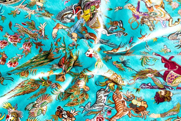 Qom pure silk hunting carpet hand-knotted in Iran, 80 Raj, turquoise field, by ParsaRugs