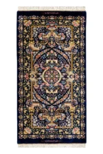 Persian Hand-knotted Qom carpet in 100% natural silk with golden motifs, 80 Raj knots density, and luminous detailing ideal for luxury interiors.