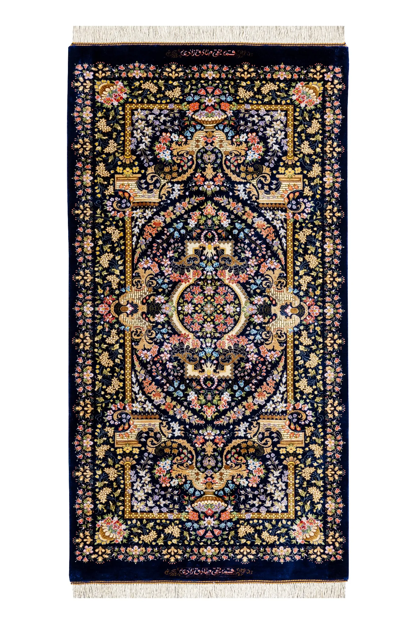 persian-silk-carpet-luxury-rug-hand-knotted-qom-iran-4-0 Persian Hand-knotted Qom carpet in 100% natural silk with golden motifs, 80 Raj knots density, and luminous detailing ideal for luxury interiors.