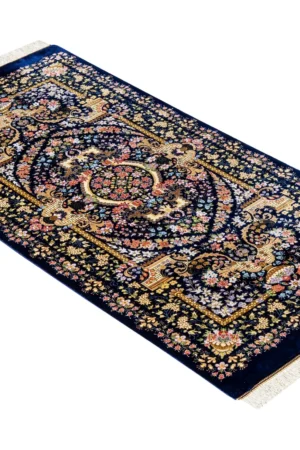 Persian Hand-knotted Qom carpet in 100% natural silk with golden motifs, 80 Raj knots density, and luminous detailing ideal for luxury interiors.