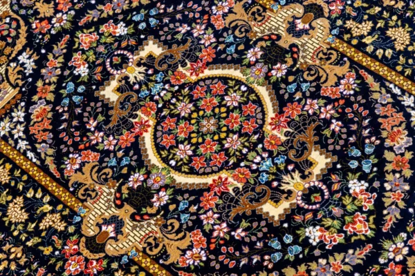 Persian Hand-knotted Qom carpet in 100% natural silk with golden motifs, 80 Raj knots density, and luminous detailing ideal for luxury interiors.
