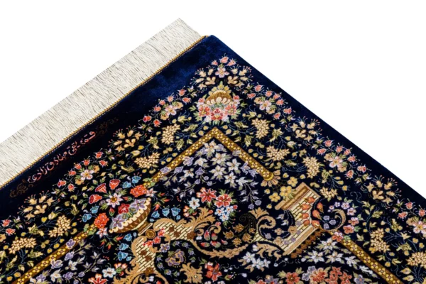 Persian Hand-knotted Qom carpet in 100% natural silk with golden motifs, 80 Raj knots density, and luminous detailing ideal for luxury interiors.
