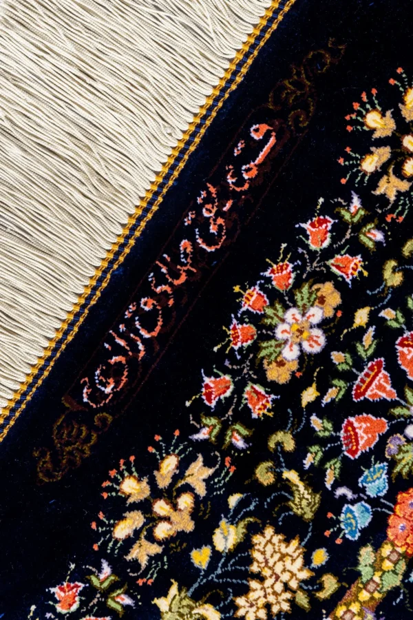 Persian Hand-knotted Qom carpet in 100% natural silk with golden motifs, 80 Raj knots density, and luminous detailing ideal for luxury interiors.