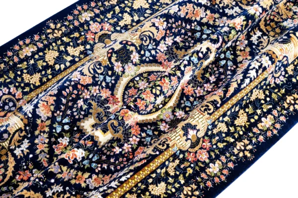Persian Hand-knotted Qom carpet in 100% natural silk with golden motifs, 80 Raj knots density, and luminous detailing ideal for luxury interiors.