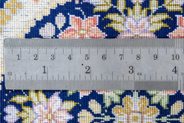 Persian Hand-knotted Qom carpet in 100% natural silk with golden motifs, 80 Raj knots density, and luminous detailing ideal for luxury interiors.