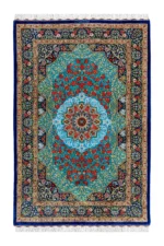 Persian silk carpet hand-knotted in Qom Iran by Rajabian – 70 Raj, 1.5 sqm, floral medallion red and blue