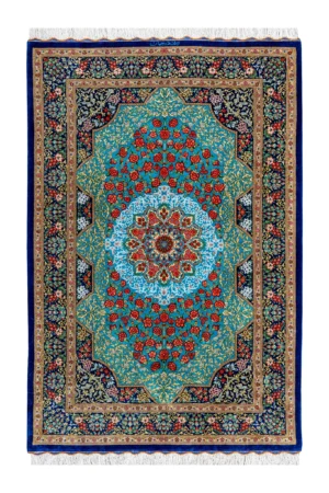 Persian silk carpet hand-knotted in Qom Iran by Rajabian – 70 Raj, 1.5 sqm, floral medallion red and blue