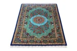 Persian silk carpet hand-knotted in Qom Iran by Rajabian – 70 Raj, 1.5 sqm, floral medallion red and blue