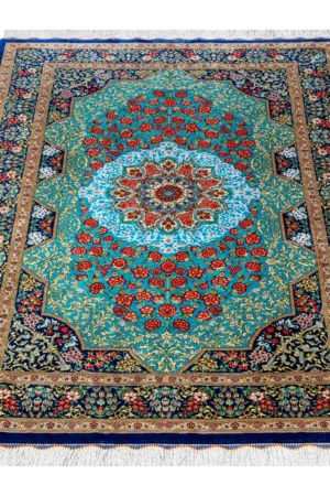 Persian silk carpet hand-knotted in Qom Iran by Rajabian – 70 Raj, 1.5 sqm, floral medallion red and blue