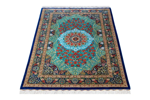 Persian silk carpet hand-knotted in Qom Iran by Rajabian – 70 Raj, 1.5 sqm, floral medallion red and blue