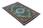 Persian silk carpet hand-knotted in Qom Iran by Rajabian – 70 Raj, 1.5 sqm, floral medallion red and blue