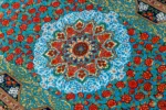 Persian silk carpet hand-knotted in Qom Iran by Rajabian – 70 Raj, 1.5 sqm, floral medallion red and blue