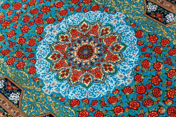 Persian silk carpet hand-knotted in Qom Iran by Rajabian – 70 Raj, 1.5 sqm, floral medallion red and blue