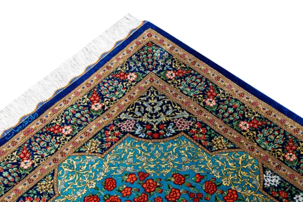 Persian silk carpet hand-knotted in Qom Iran by Rajabian – 70 Raj, 1.5 sqm, floral medallion red and blue