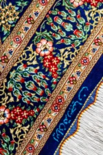 Persian silk carpet hand-knotted in Qom Iran by Rajabian – 70 Raj, 1.5 sqm, floral medallion red and blue