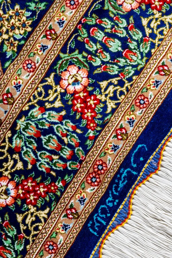 Persian silk carpet hand-knotted in Qom Iran by Rajabian – 70 Raj, 1.5 sqm, floral medallion red and blue
