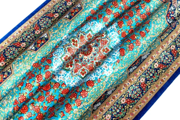 Persian silk carpet hand-knotted in Qom Iran by Rajabian – 70 Raj, 1.5 sqm, floral medallion red and blue