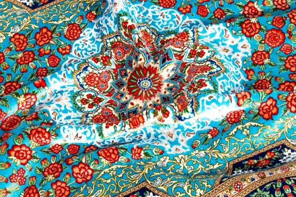 Persian silk carpet hand-knotted in Qom Iran by Rajabian – 70 Raj, 1.5 sqm, floral medallion red and blue