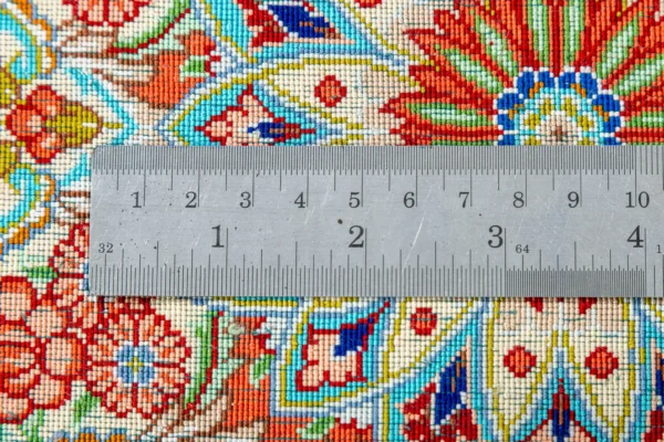 Persian silk carpet hand-knotted in Qom Iran by Rajabian – 70 Raj, 1.5 sqm, floral medallion red and blue