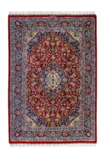 Qom Persian carpet in full natural silk, hand-knotted with 80 Raj , featuring a ruby red field and floral design sold by brand Parsa Rugs