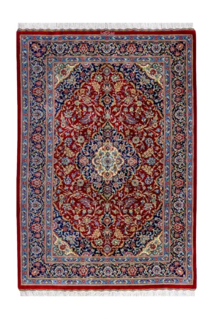 Qom Persian carpet in full natural silk, hand-knotted with 80 Raj , featuring a ruby red field and floral design sold by brand Parsa Rugs