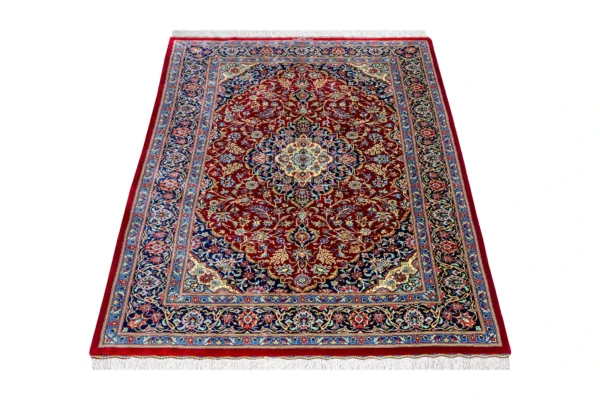 Qom Persian carpet in full natural silk, hand-knotted with 80 Raj , featuring a ruby red field and floral design sold by brand Parsa Rugs