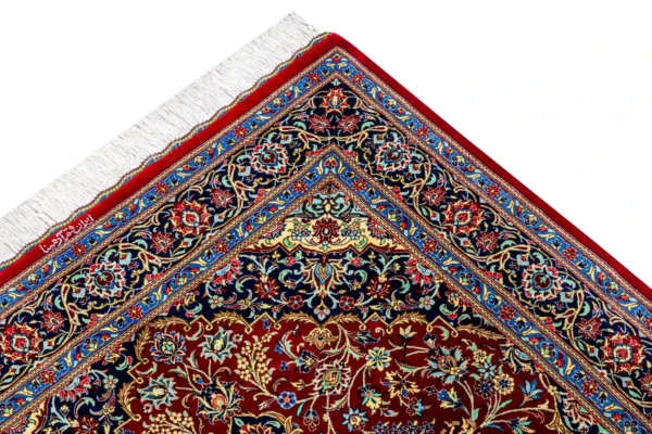 Qom Persian carpet in full natural silk, hand-knotted with 80 Raj , featuring a ruby red field and floral design sold by brand Parsa Rugs