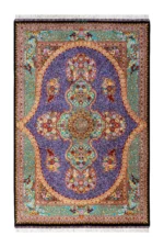 Hand-knotted Qom silk Persian carpet in lilac and turquoise tones with floral medallion – luxury collectible rug, 80 Raj, made in Iran