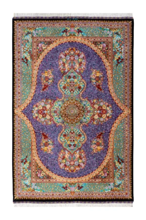 Hand-knotted Qom silk Persian carpet in lilac and turquoise tones with floral medallion – luxury collectible rug, 80 Raj, made in Iran