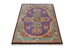 Hand-knotted Qom silk Persian carpet in lilac and turquoise tones with floral medallion – luxury collectible rug, 80 Raj, made in Iran