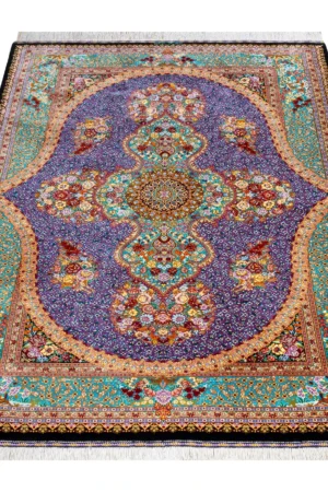 Hand-knotted Qom silk Persian carpet in lilac and turquoise tones with floral medallion – luxury collectible rug, 80 Raj, made in Iran