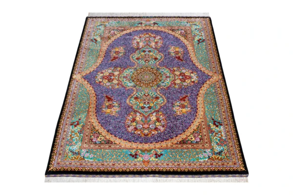 Hand-knotted Qom silk Persian carpet in lilac and turquoise tones with floral medallion – luxury collectible rug, 80 Raj, made in Iran