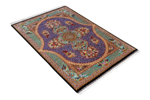 Hand-knotted Qom silk Persian carpet in lilac and turquoise tones with floral medallion – luxury collectible rug, 80 Raj, made in Iran
