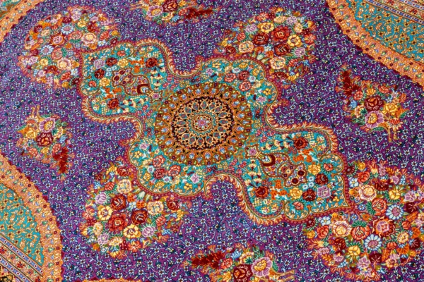 Hand-knotted Qom silk Persian carpet in lilac and turquoise tones with floral medallion – luxury collectible rug, 80 Raj, made in Iran