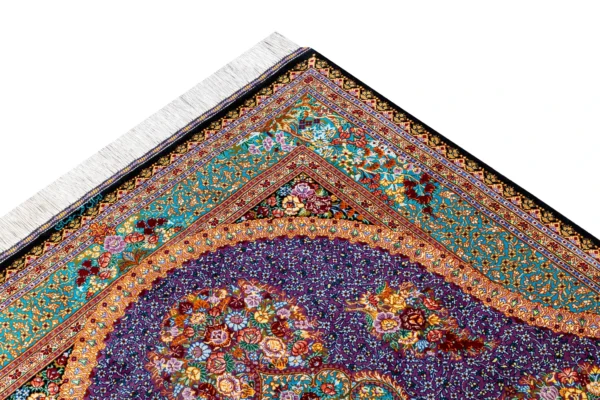 Hand-knotted Qom silk Persian carpet in lilac and turquoise tones with floral medallion – luxury collectible rug, 80 Raj, made in Iran