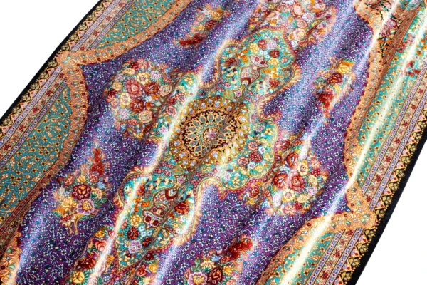 Hand-knotted Qom silk Persian carpet in lilac and turquoise tones with floral medallion – luxury collectible rug, 80 Raj, made in Iran