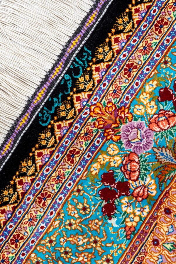 Hand-knotted Qom silk Persian carpet in lilac and turquoise tones with floral medallion – luxury collectible rug, 80 Raj, made in Iran