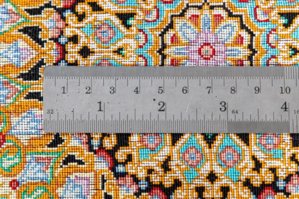 Hand-knotted Qom silk Persian carpet in lilac and turquoise tones with floral medallion – luxury collectible rug, 80 Raj, made in Iran