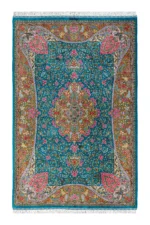 Qom silk carpet in full natural silk, hand-knotted in Iran with 80 Raj density. Features a turquoise floral design with central medallion.