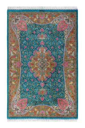 Qom silk carpet in full natural silk, hand-knotted in Iran with 80 Raj density. Features a turquoise floral design with central medallion.