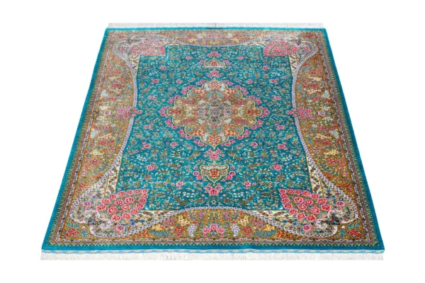 Qom silk carpet in full natural silk, hand-knotted in Iran with 80 Raj density. Features a turquoise floral design with central medallion.